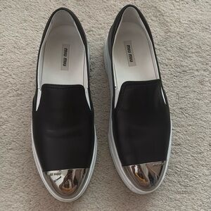 Authentic Miu Miu Platform leather with metal tips slip on shoes Size 38.5